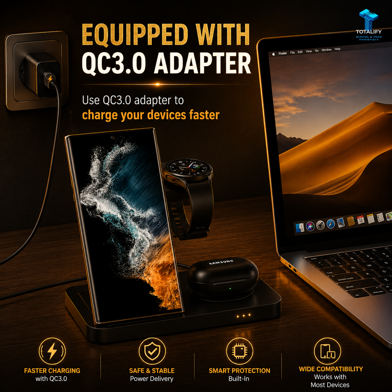 Foldable 3-in-1 Wireless Charging Station for Mobile Phone, Watch & Earphone