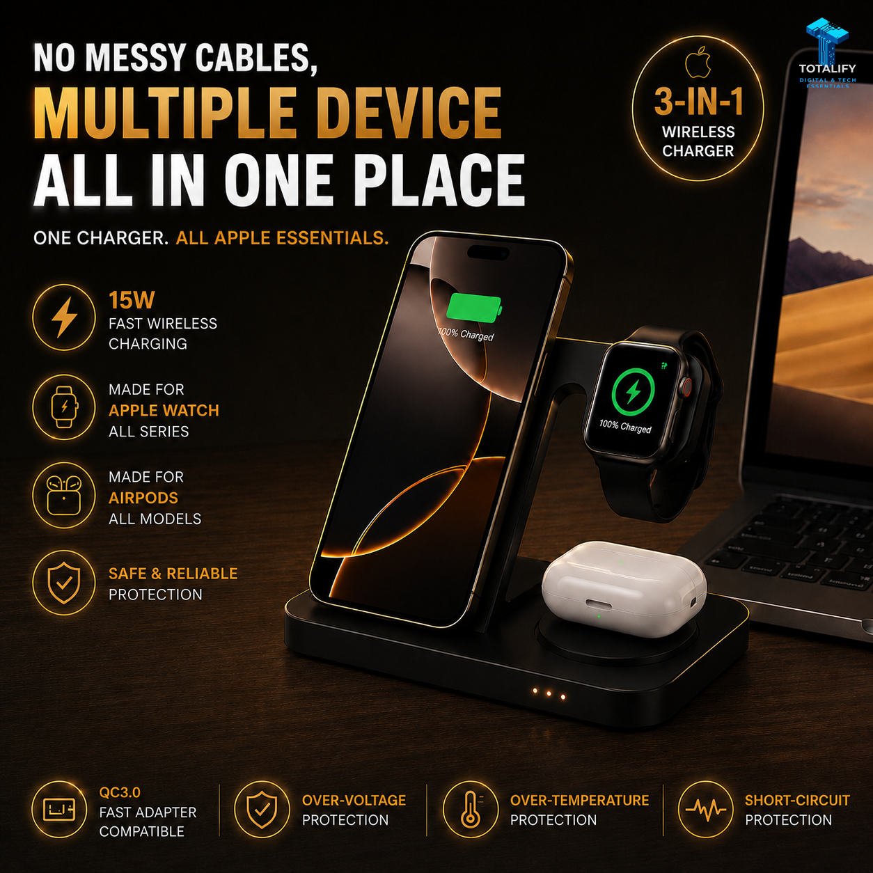 Foldable 3-in-1 Wireless Charging Station for Mobile Phone, Watch & Earphone